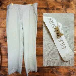 Eileen Fisher 100% Linen Wide Leg Pants Women Sz 12 Large Beige Tan Boho Beach